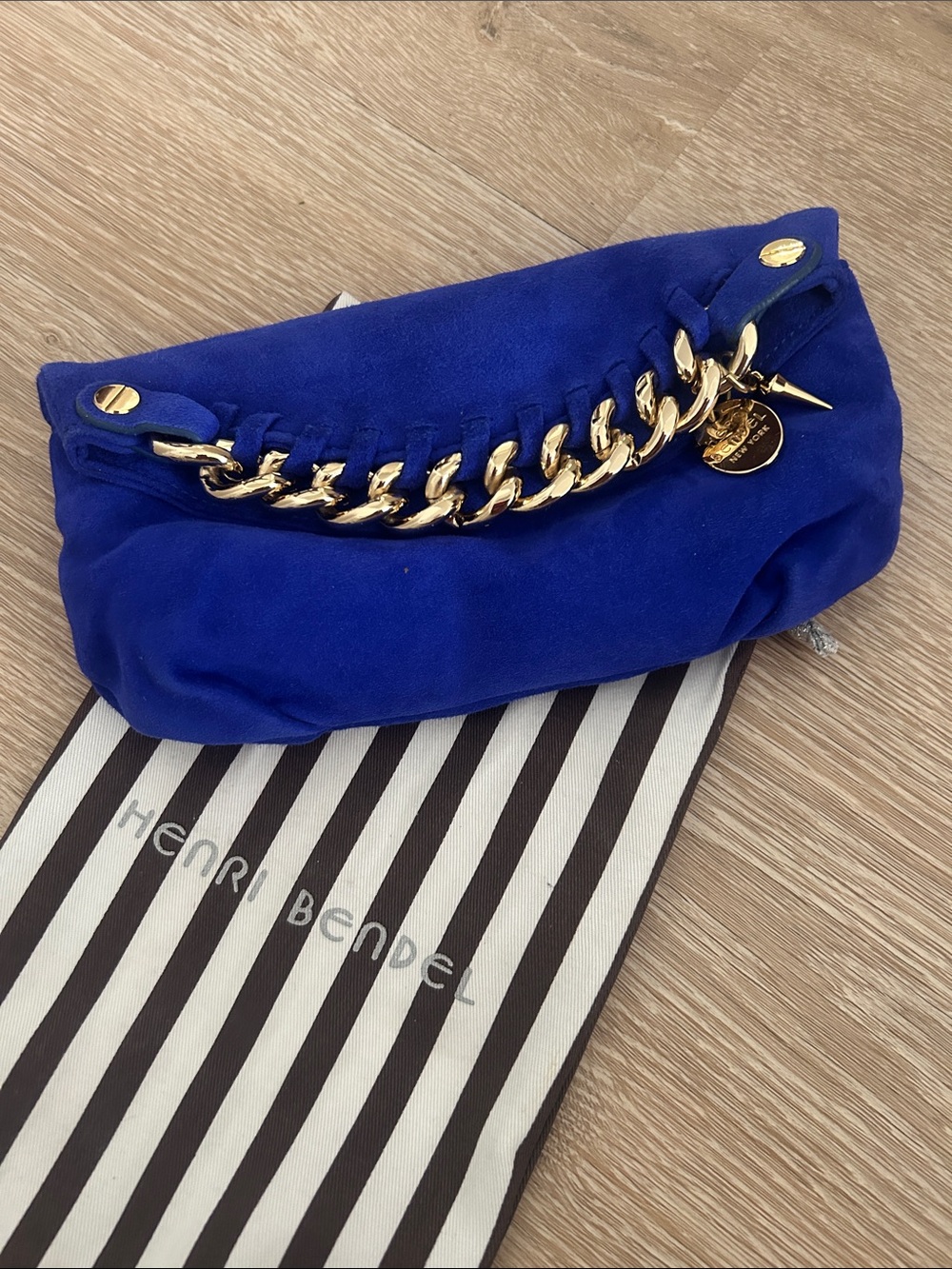 henri bendel Cobalt Blue Suede Clutch with Gold Chain